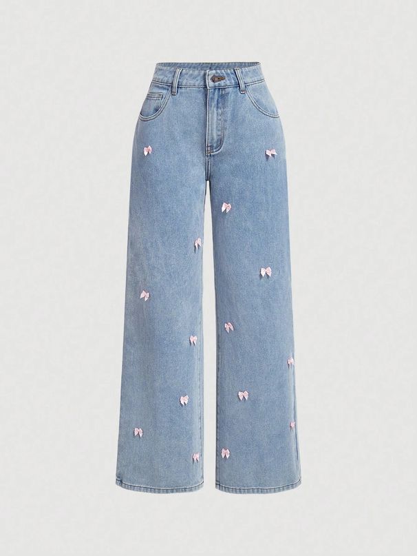 Wide Leg Jeans For Women Style With Small Bow And Small Bow_mkmklike.com
