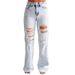 "Women's Distressed High-Waisted Flared Jeans – Vintage Washed Stretch Denim, Wide-Leg Loose Fit With Ripped Details, Comfortable Trousers"_mkmklike.com