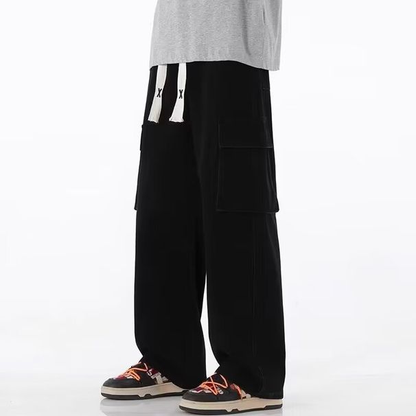 Men's Cargo Jeans Loose Fit Straight Leg Casual Long Pants Mid Waist Zipper Fly Black Blue Cotton_mkmklike.com