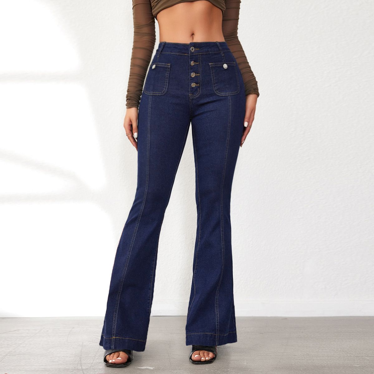New Style Button Down Slim Fit Flared Jeans Women's High Waist Stitching Trousers In Stock_mkmklike.com