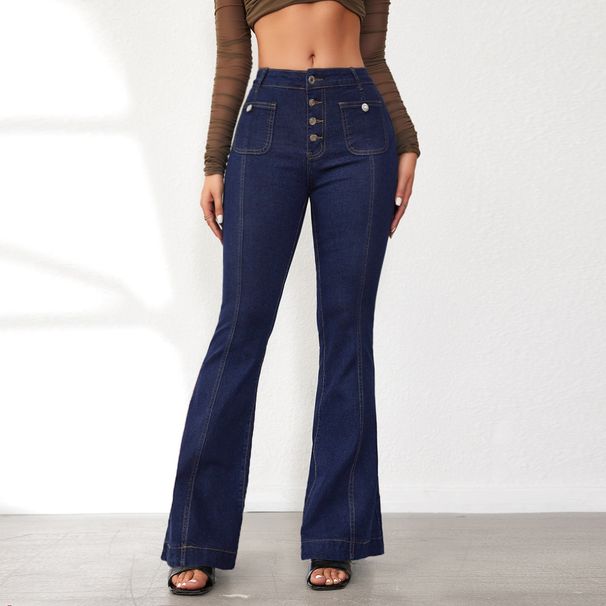 New Style Button Down Slim Fit Flared Jeans Women's High Waist Stitching Trousers In Stock_mkmklike.com