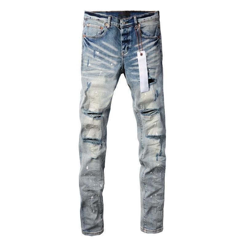 Men's Clothing New Retro Street Style Silk Label Denim High Quality Breathable Fitting Ripped Streets Styles Purple Jeans Ripped Men's Blue_mkmklike.com