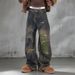 Men’s Loose Fit Straight Leg Jeans – Blue-Green Washed Graffiti Denim With Distressed Details_mkmklike.com