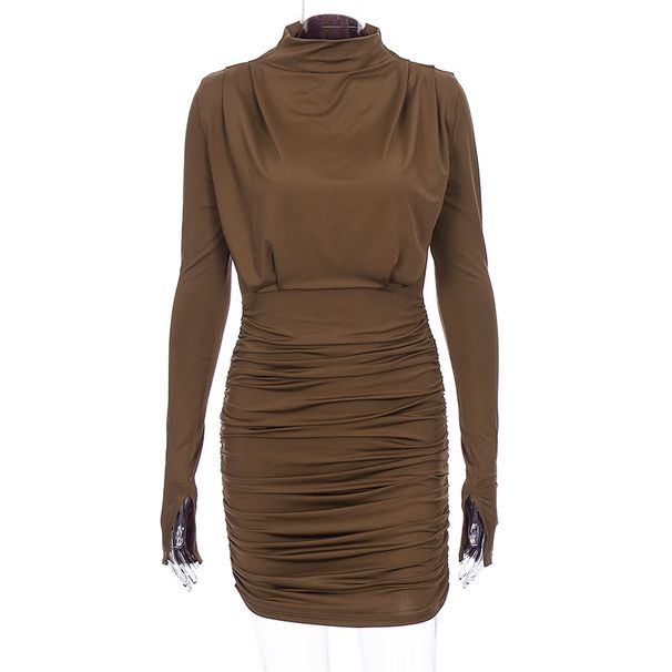 2023 Spring Hot Sale Pleated Half Stand Round Neck Long Sleeve Dress for Women_mkmklike.com