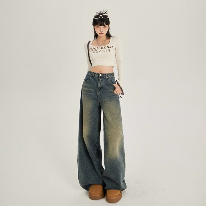 YC&American Retro High-waisted Loose Wide-leg Versatile Autumn And Winter Straight Jeans For Women Trendy&long Pants_mkmklike.com