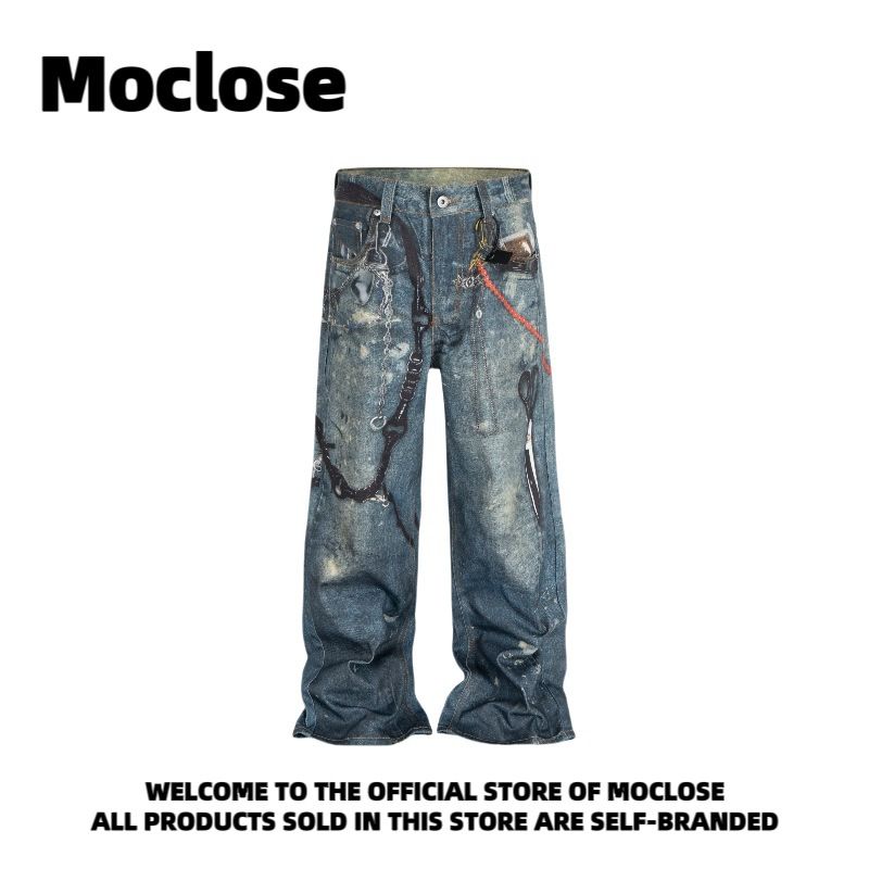Moclose Retro Street Style Straight Leg Jeans For Men & Women – Vintage Washed Denim With Digital Print_mkmklike.com