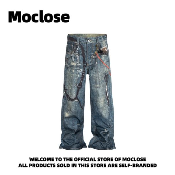 Moclose Retro Street Style Straight Leg Jeans For Men & Women – Vintage Washed Denim With Digital Print_mkmklike.com
