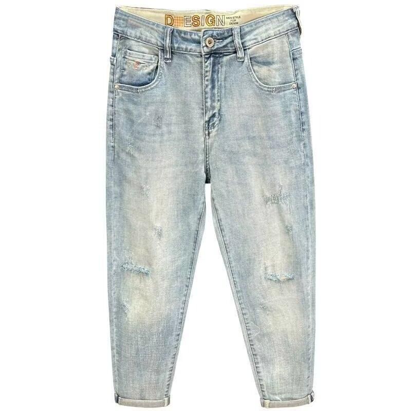 Men's Clothing Tapered High End Nine Point Jeans Men's Skinny Pants Retro Light Blue Handsome Scraped Spring And Summer Thin Nine Point Pants Handsome_mkmklike.com