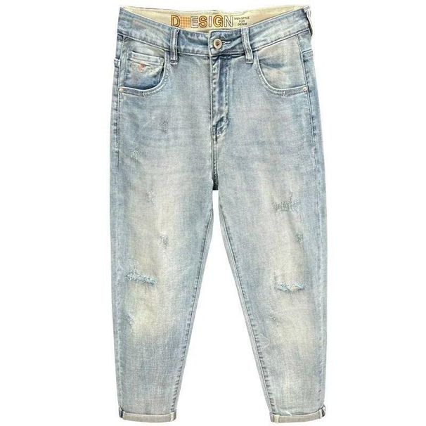 Men's Clothing Tapered High End Nine Point Jeans Men's Skinny Pants Retro Light Blue Handsome Scraped Spring And Summer Thin Nine Point Pants Handsome_mkmklike.com