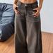 TK184 Women's Washed Fringe Low Waisted Slim Fit Straight Wide Leg Jeans Coffee Brown Floor Length Pants_mkmklike.com