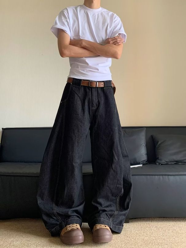 Men's Vintage Baggy Jeans - 90s Hip Hop Wide Leg Bell Bottom Denim Pants (S-XXXL, Black, Washed Cotton)_mkmklike.com