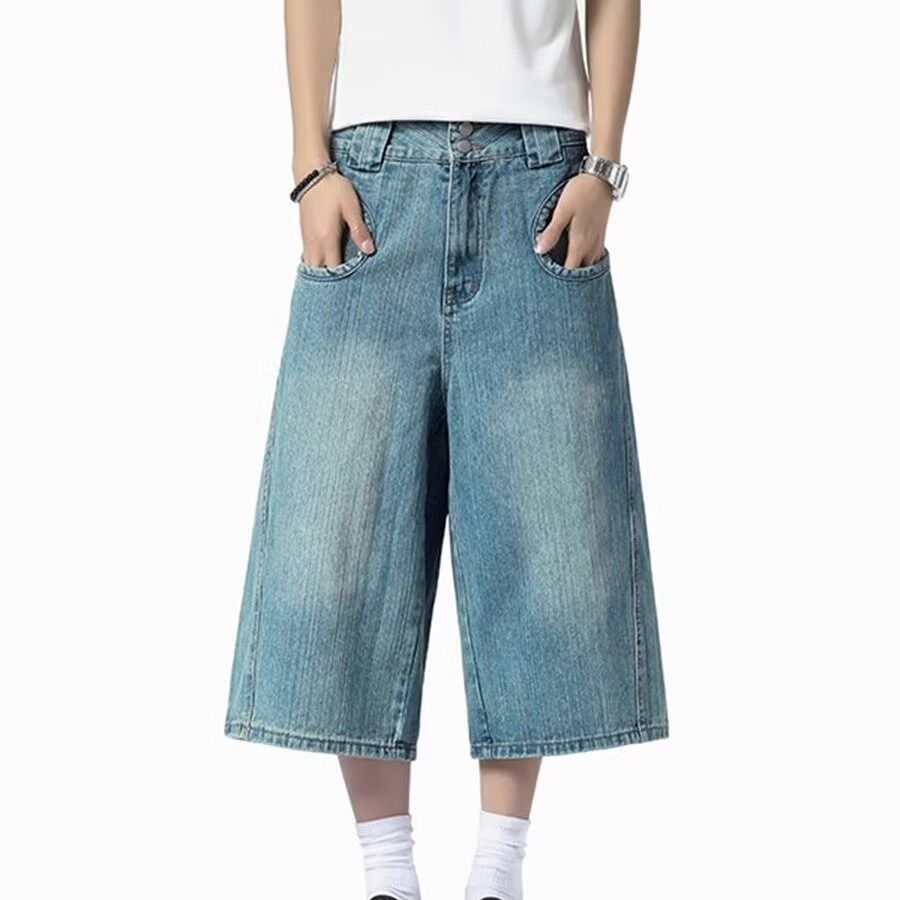 Men's Stylish Blue Jeans Trendy And Cool Loose Straight Leg Cropped Style with Rounded Pockets Cross Border Design_mkmklike.com