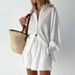 Hollow jacquard niche French long-sleeved suit shirt shorts casual women's design white_mkmklike.com