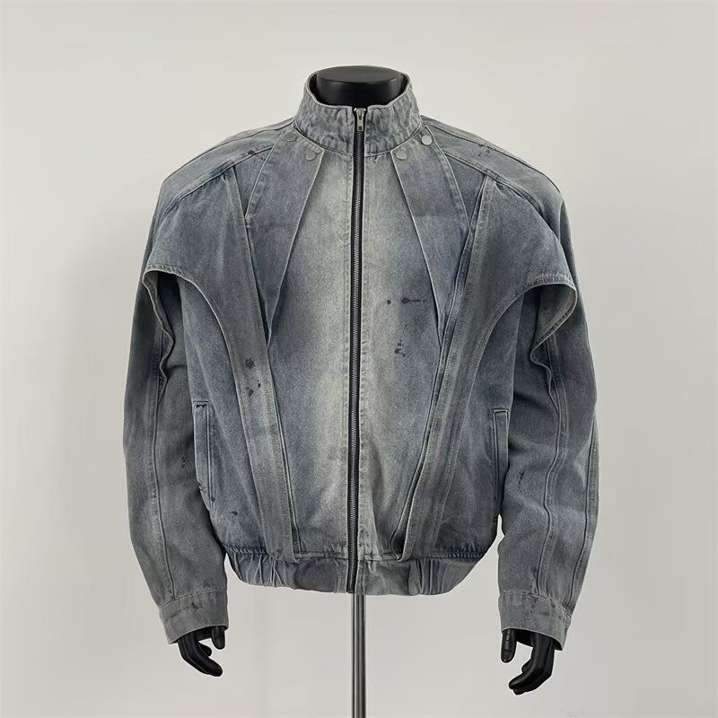 Old And Dirty Denim Jacket Deconstruction Stand Up Collar Jacket Season Loose Workwear Clothes_mkmklike.com