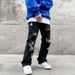 Suitable For All Seasons Dark Gothic High Street Fog Personality Letter Embroidery Jeans For Men Ins Hip Hop Ripped Flared Loose Fit Long Pants_mkmklike.com