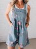 K New Retro Personalized Printed Jumpsuit, Fashionable Floral Denim Shorts_mkmklike.com