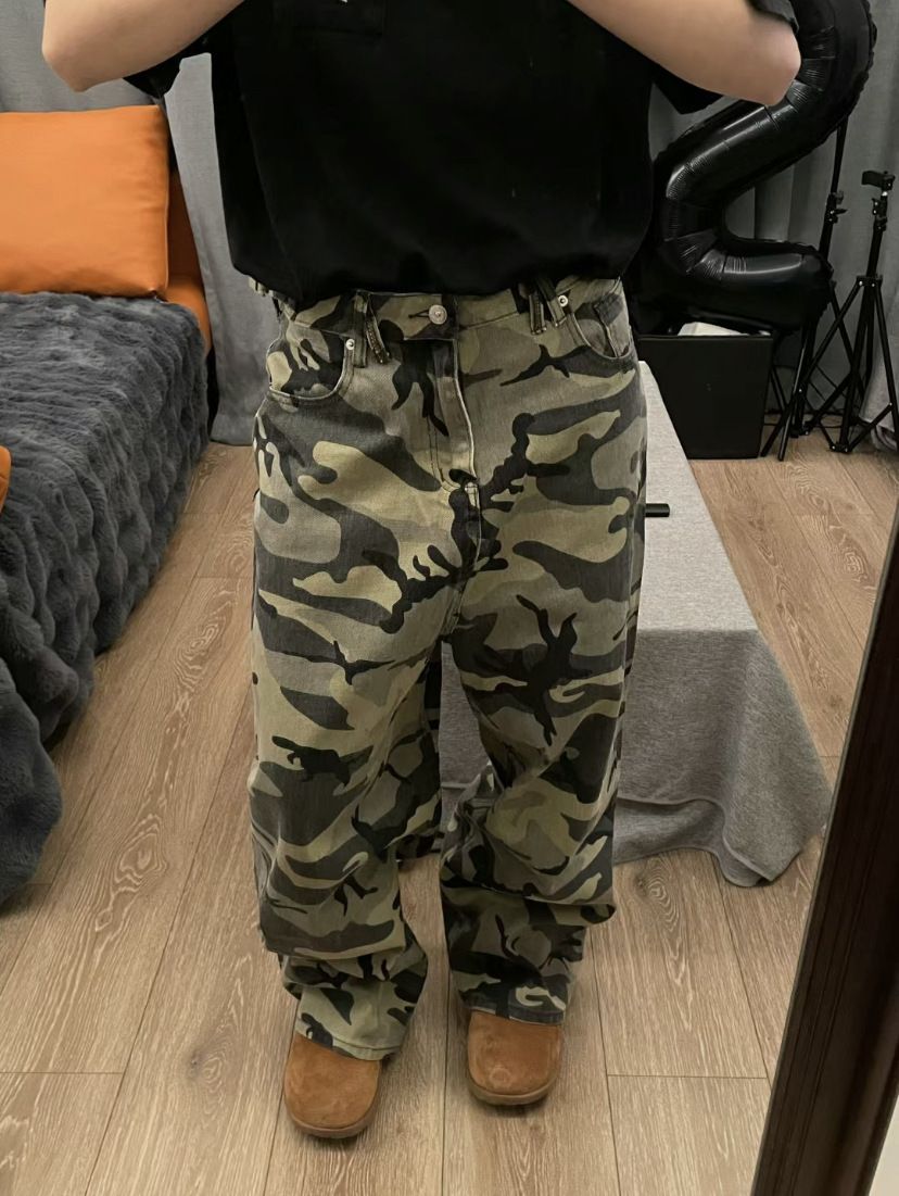 Men's Loose Tactical Camouflage Casual Pants High Street Retro Straight Leg Wide Leg Washed Work Jeans Floor Length Trendy_mkmklike.com