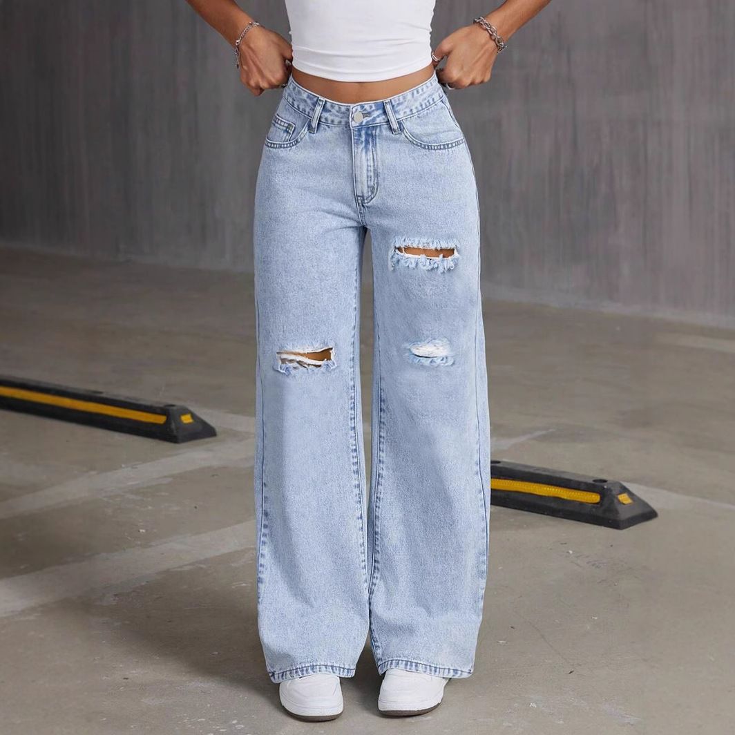 Women's High Street Ripped Straight Leg Jeans - Loose Fit Vintage Washed Denim Pants For Casual & Everyday Wear_mkmklike.com