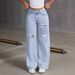 Women's High Street Ripped Straight Leg Jeans - Loose Fit Vintage Washed Denim Pants For Casual & Everyday Wear_mkmklike.com
