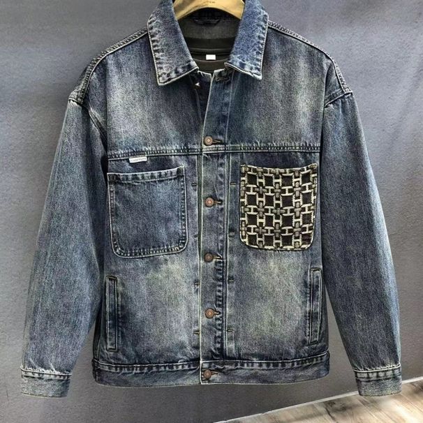 High End Design, Precision Embroidery Pock Denim Jack, Men's Spring And Autumn American Loose Workwear Splicing_mkmklike.com