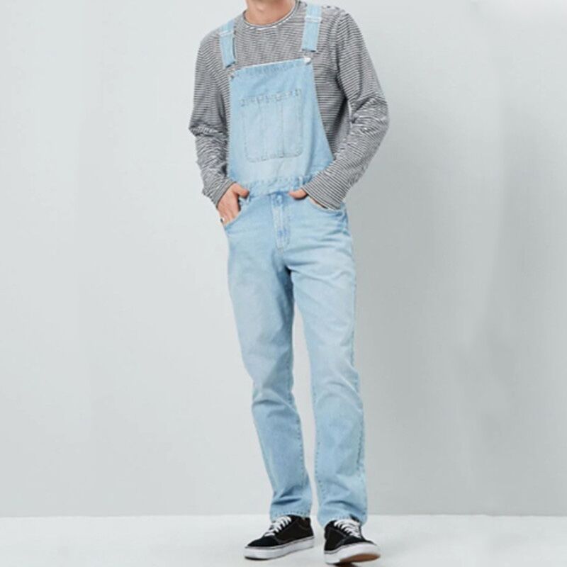 Men's Casual Denim Overalls Workwear Jeans Straight Leg Washed Light Blue Stretch Cotton Comfortable Trendy_mkmklike.com