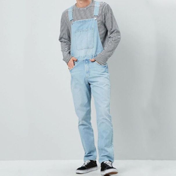 Men's Casual Denim Overalls Workwear Jeans Straight Leg Washed Light Blue Stretch Cotton Comfortable Trendy_mkmklike.com