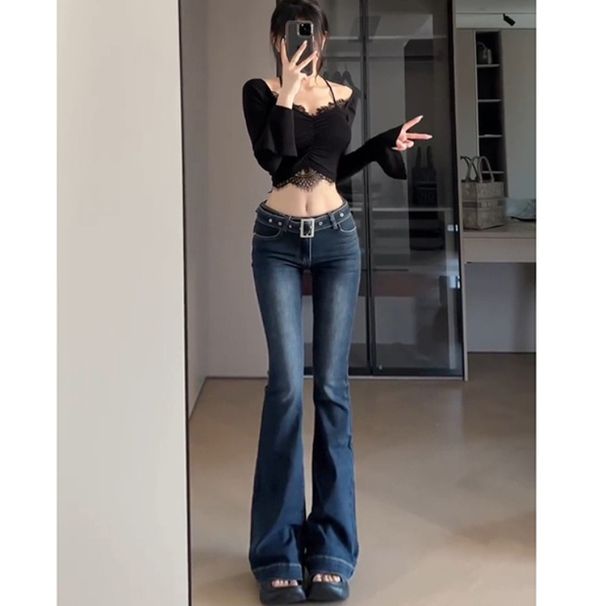 Women's Low Waist Retro Flared Jeans – Slim Fit Stretchy & Floor-Length For Autumn/Winter_mkmklike.com