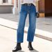 "Vintage-Inspired High Waisted Jeans – Distressed Patch Pocket Workwear Denim For Women (Black/White/Light Blue/Medium Blue, S-XXL)"_mkmklike.com
