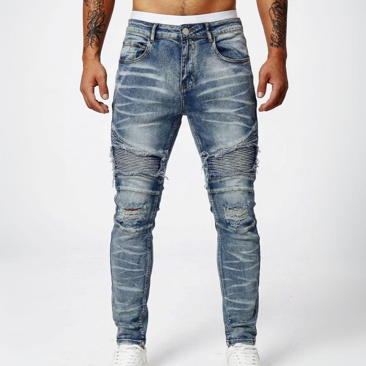 Men's Clothing Slim Fit Stretch Motorcycle Jeans Ripped Patchwork Trousers Street Style Fashion_mkmklike.com