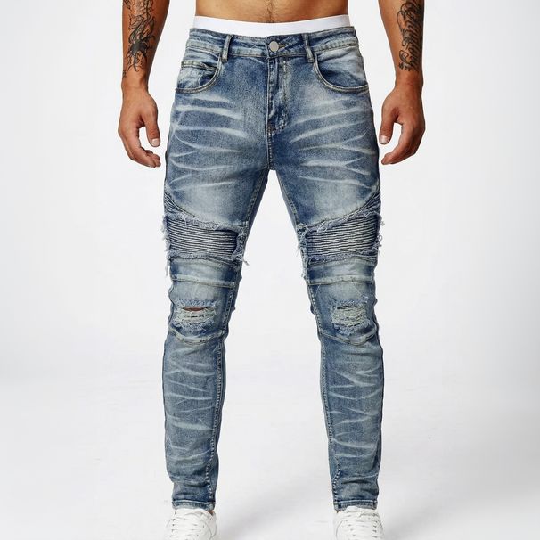 Men's Clothing Slim Fit Stretch Motorcycle Jeans Ripped Patchwork Trousers Street Style Fashion_mkmklike.com
