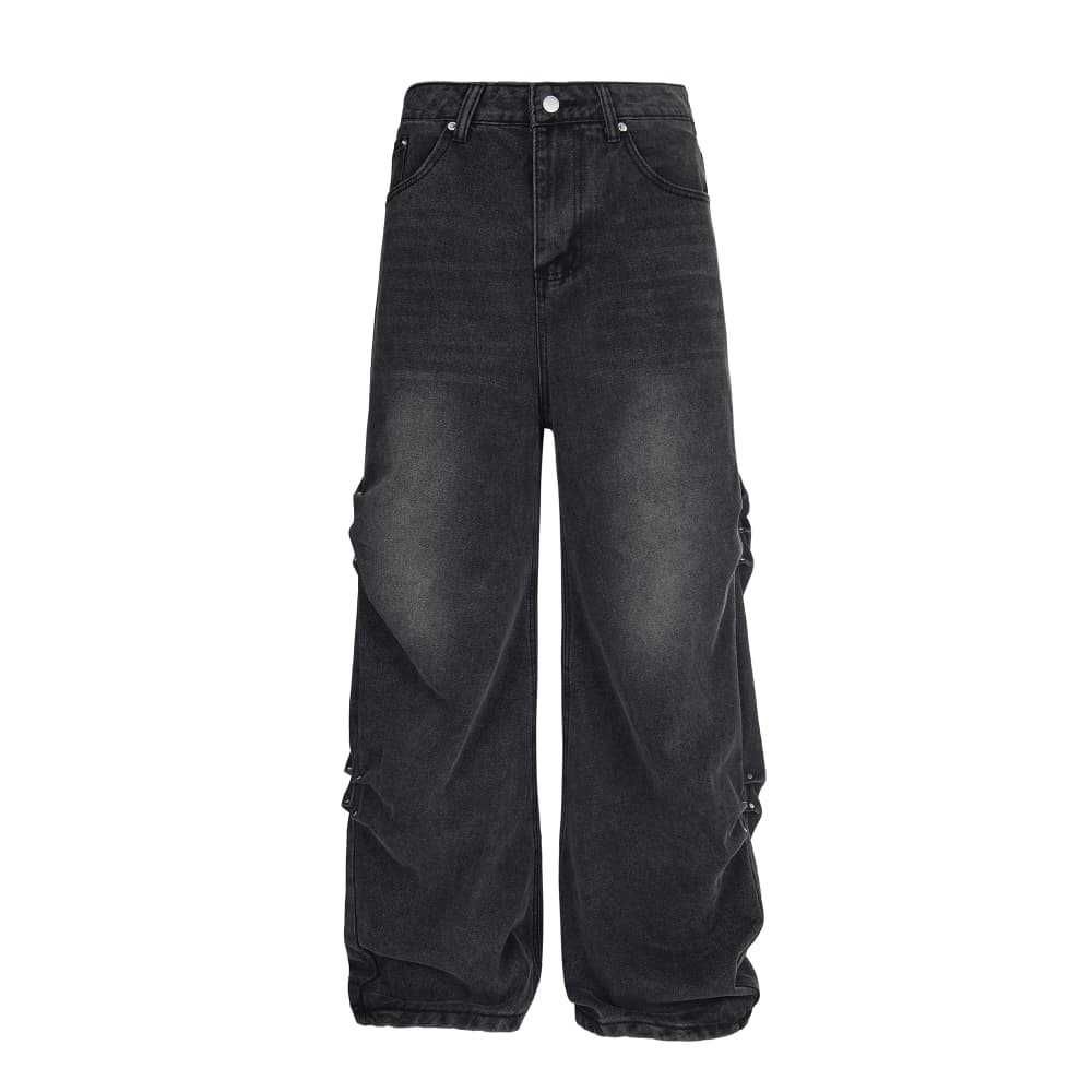 Designer Jeans Men's Workwear Punk High Street Trend Washed Distressed Rivet Pleated Loose Wide-Leg Pants_mkmklike.com