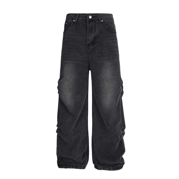 Designer Jeans Men's Workwear Punk High Street Trend Washed Distressed Rivet Pleated Loose Wide-Leg Pants_mkmklike.com