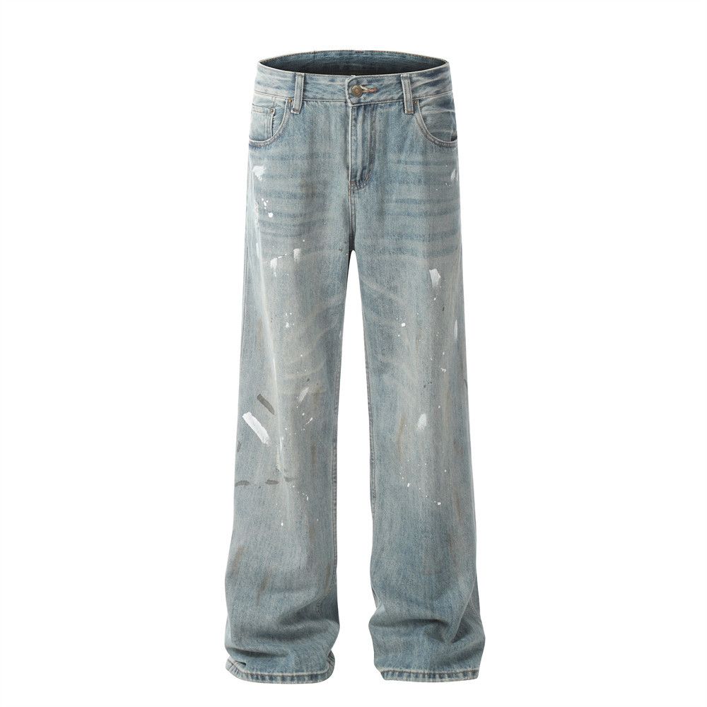 Paint Splatter Ink Jeans Men's Punk Trendy Brand Niche Design Loose Washed Wide-Leg Straight Long Pants_mkmklike.com