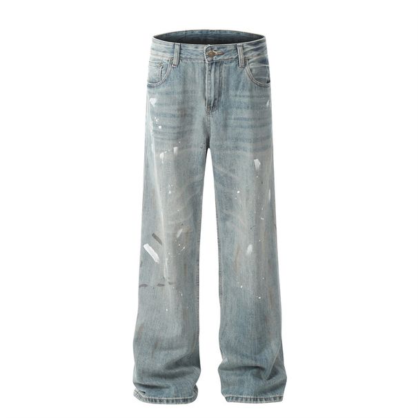 Paint Splatter Ink Jeans Men's Punk Trendy Brand Niche Design Loose Washed Wide-Leg Straight Long Pants_mkmklike.com