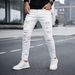 Men's White Distressed Beaded Slim Fit Jeans Patchwork Style Straight Leg_mkmklike.com
