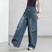 Xinge American Retro Wide-Leg Workwear Jeans For Women, High-Waisted, Slimming, Multi-Pocket, Loose, Draped,_mkmklike.com