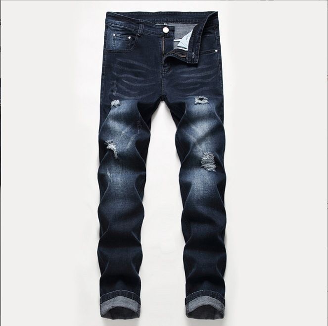 Men's Clothing Men's Distressed Black Stretch Jeans Plus Size Light Color Trendy Mid Waist Wide Leg Trousers Machine Washable Cotton_mkmklike.com