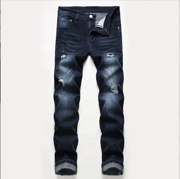 Men's Clothing Men's Distressed Black Stretch Jeans Plus Size Light Color Trendy Mid Waist Wide Leg Trousers Machine Washable Cotton_mkmklike.com