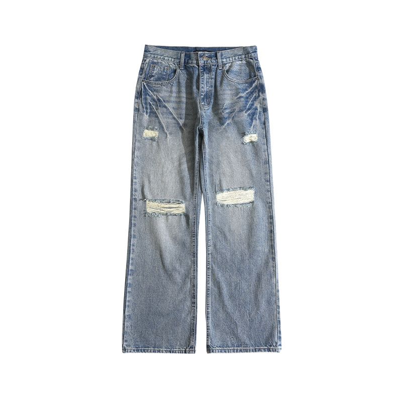 Men's Clothing American Retro Ripped Jeans For Men And Women Washed And Distressed Loose Wide Leg Straight Leg Trendy High Street Pants_mkmklike.com