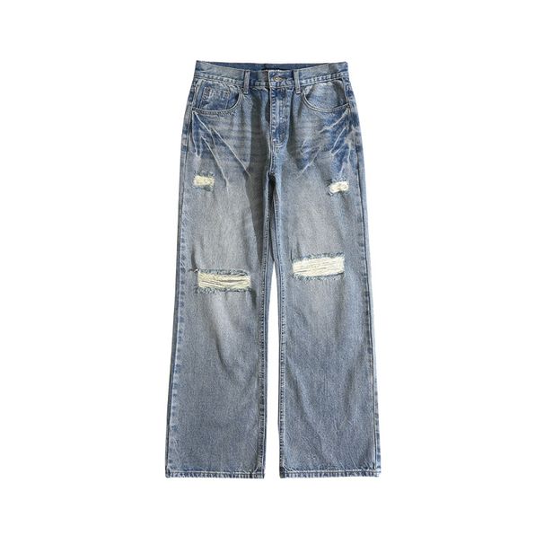 Men's Clothing American Retro Ripped Jeans For Men And Women Washed And Distressed Loose Wide Leg Straight Leg Trendy High Street Pants_mkmklike.com
