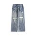 Men's Clothing American Retro Ripped Jeans For Men And Women Washed And Distressed Loose Wide Leg Straight Leg Trendy High Street Pants_mkmklike.com