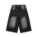 Unisex Vintage Washed Denim Shorts With Lightning Bolt Design American High Street Style Loose Fit Straight Leg Summer Shorts_mkmklike.com