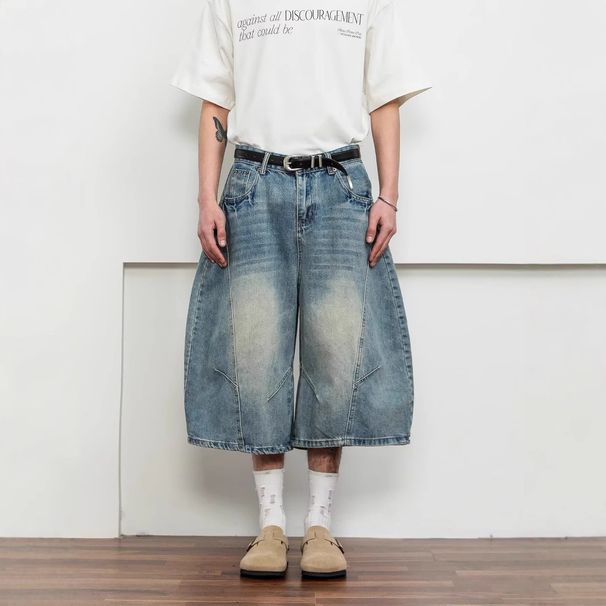 Men's Clothing Unisex Retro Washed Cracked Scimitar Cropped Jeans Loose Wide Leg Hip Hop Shorts American Street Style_mkmklike.com