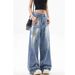 Women's Graffiti Print Denim Jeans – High Street Style, Loose Fit Straight Leg With Slight Flare_mkmklike.com