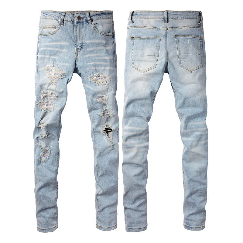 High Street Chiu brand new re-wash knife cut holes in the beggar sticker elastic slim-fit jeans man_mkmklike.com