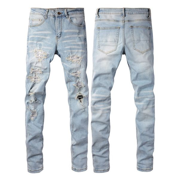 High Street Chiu brand new re-wash knife cut holes in the beggar sticker elastic slim-fit jeans man_mkmklike.com