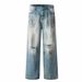 Distressed Washed Flared Cargo Jeans Loose Fit Straight Leg Casual Versatile Trousers for Spring/Summer mid Waist Blue_mkmklike.com