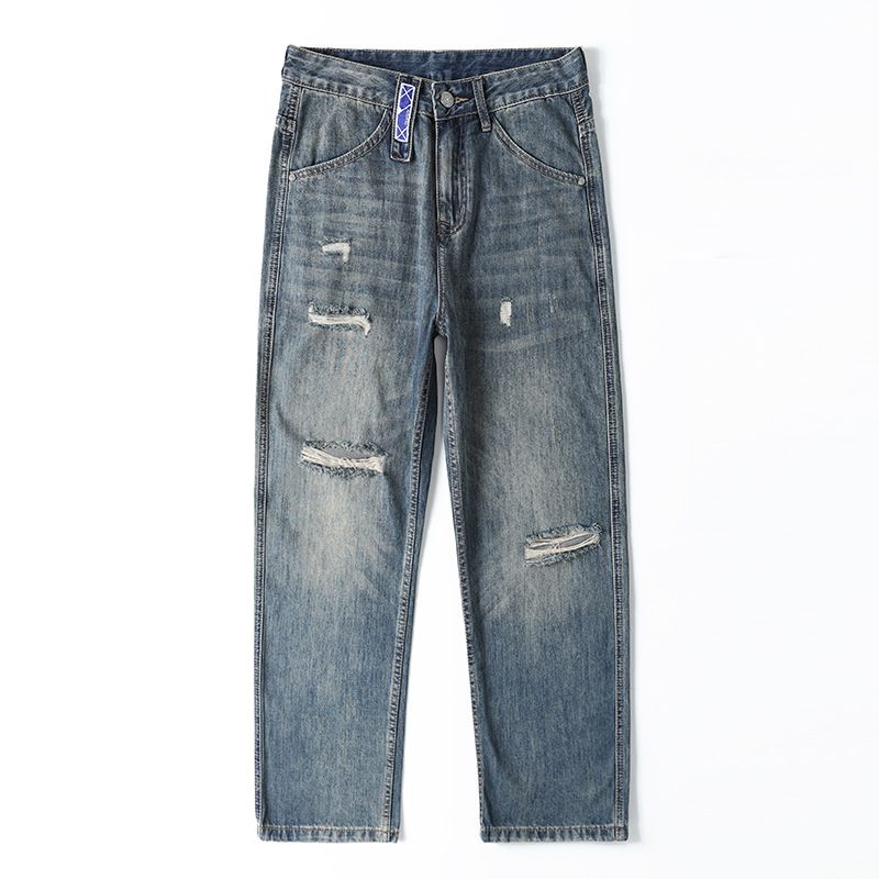 Men's Clothing Spring/Summer Retro Blue Distressed Ripped Jeans, Loose Straight Leg, European And American Casual Wide Leg Jeans For Men_mkmklike.com