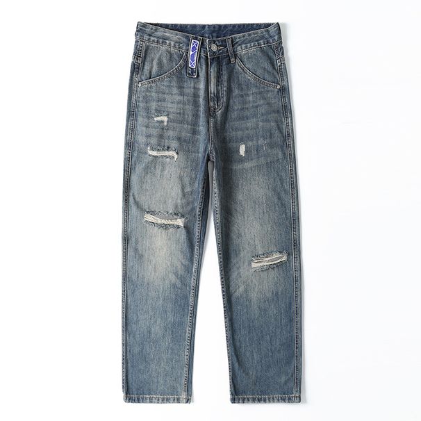 Men's Clothing Spring/Summer Retro Blue Distressed Ripped Jeans, Loose Straight Leg, European And American Casual Wide Leg Jeans For Men_mkmklike.com