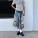 Men's Clothing Retro Hole Wide Leg Jeans For Men And Women Summer Washed Distressed High Waist Loose Straight Leg Seven Point Jeans_mkmklike.com